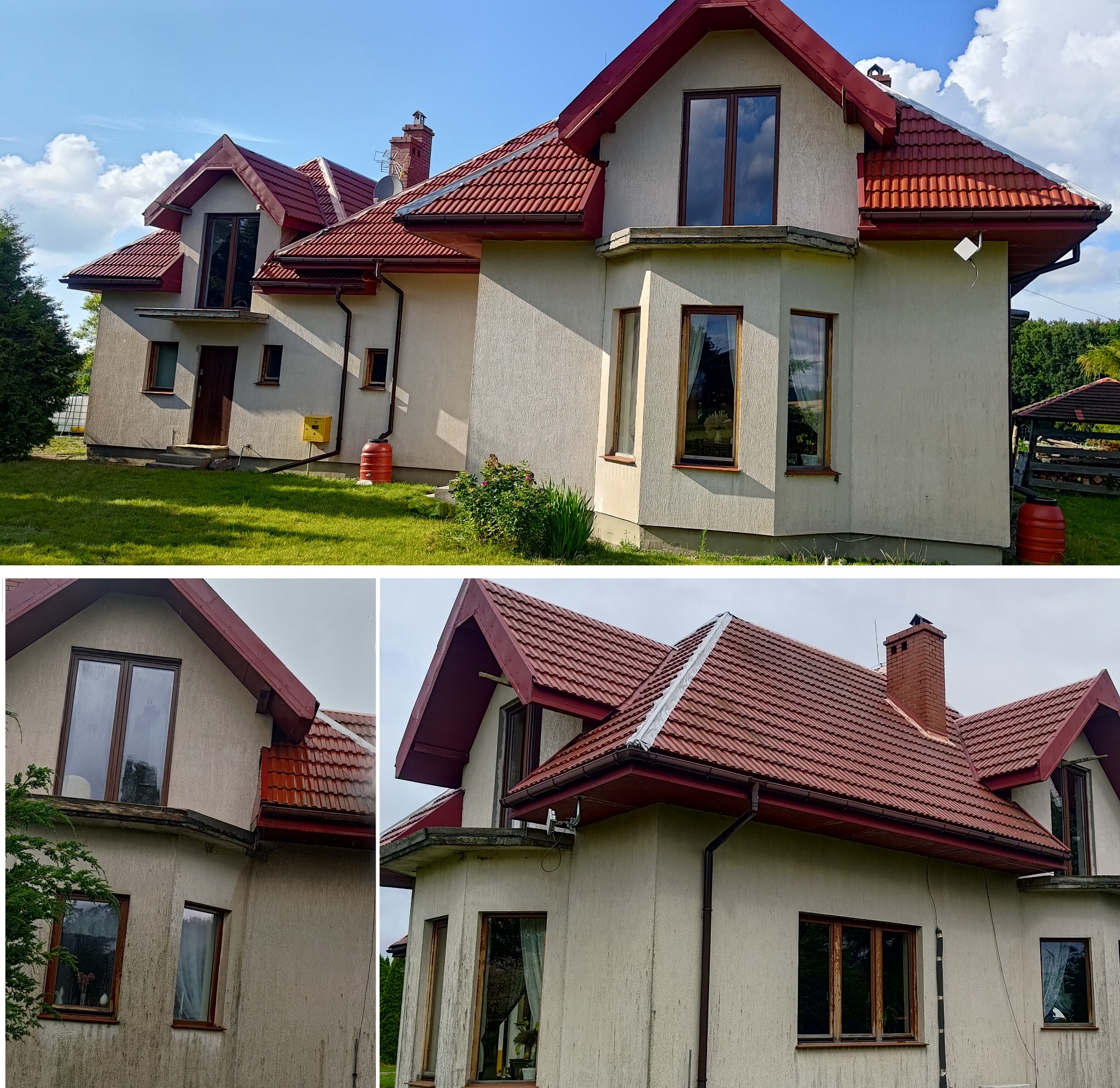 Dom jednorodzinny z beżową elewacją i czerwoną dachówką, widoczny z boku, na tle zielonego trawnika i błękitnego nieba z chmurami. Widoczne okna i drzwi.