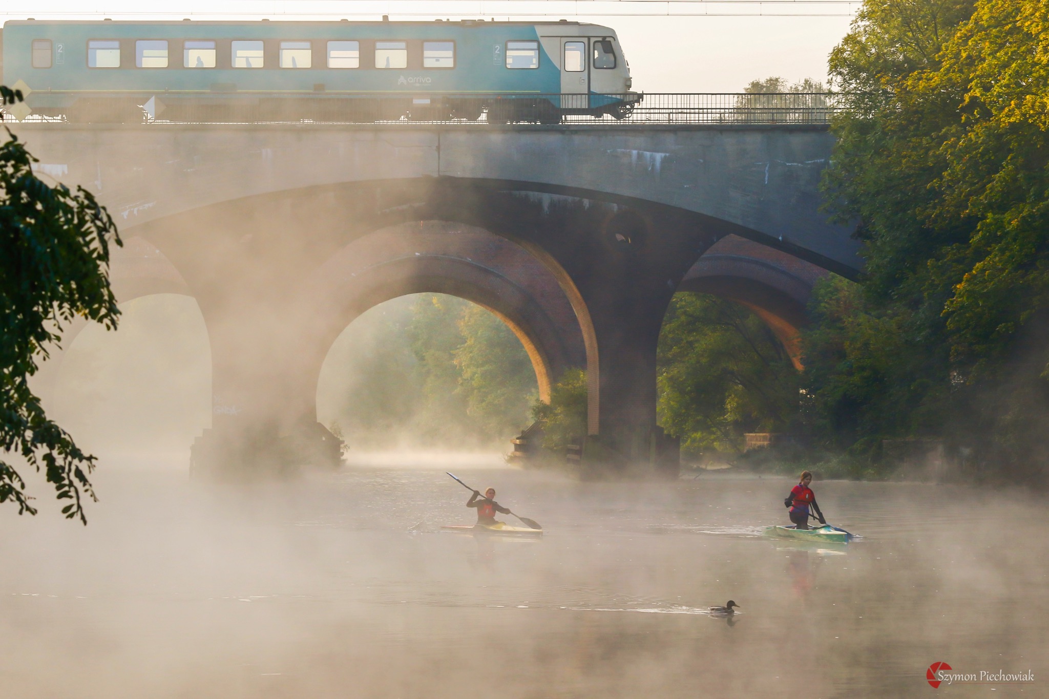 Poranna mgła nad rzeką, kajakarze płyną pod kamiennym mostem kolejowym z jadącym pociągiem, kaczka na wodzie.