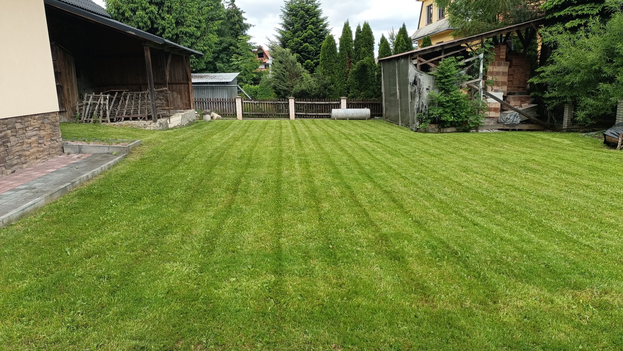 Równomiernie skoszony trawnik z widocznymi pasami po kosiarce, otoczony budynkami gospodarczymi i ogrodzeniem.