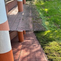 Adam Skrzydliński AdMal - Porównanie stanu kostki brukowej przed i po czyszczeniu, widoczne wyraźne usunięcie mchu i zabrudzeń, z kolumnami w tle.