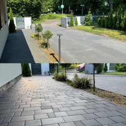 Adam Skrzydliński AdMal - Porównanie stanu kostki brukowej przed i po czyszczeniu, widoczne różnice w kolorze i czystości, otoczenie z roślinnością i elementami architektury ogrodowej.