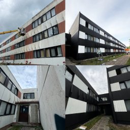 Adam Skrzydliński AdMal - Czteropanelowe ujęcie budynku: górny lewy panel ukazuje czyszczenie elewacji podnośnikiem, górny prawy i dolny prawy prezentują budynek po pomalowaniu na czarno-biało, dolny lewy pokazuje elewację...