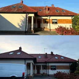 Dom jednorodzinny z czerwoną dachówką i białymi ścianami, podzielony na dwie części zdjęcia: górna z jasnym, słonecznym oświetleniem, dolna z pochmurnym niebem i białym samochodem dostawczym...