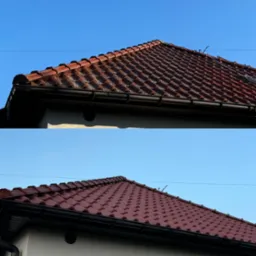 Czerwona dachówka ceramiczna z czarnym systemem rynnowym, widoczna z dołu na tle błękitnego nieba. Na górnym zdjęciu widoczne ślady zabrudzeń na dachówce, na dolnym dachówka czysta.