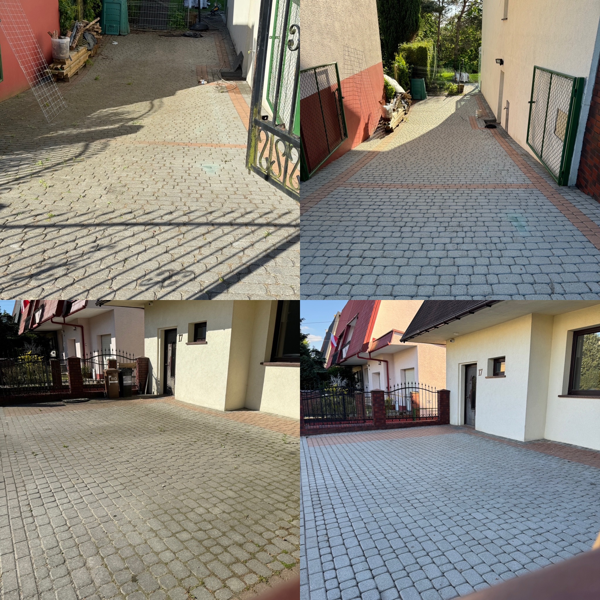 Porównanie kostki brukowej przed i po czyszczeniu, widoczne różnice w kolorze i czystości, zarośnięta kostka po lewej stronie, wyczyszczona po prawej, fragmenty domów w tle.