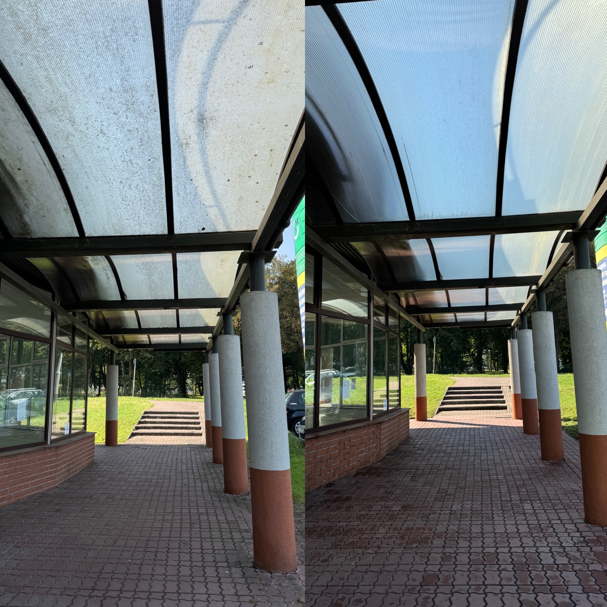 Zdjęcie typu 'przed i po' przedstawiające czyszczenie zadaszenia nad chodnikiem z kostki brukowej, widoczne różnice w czystości powierzchni.