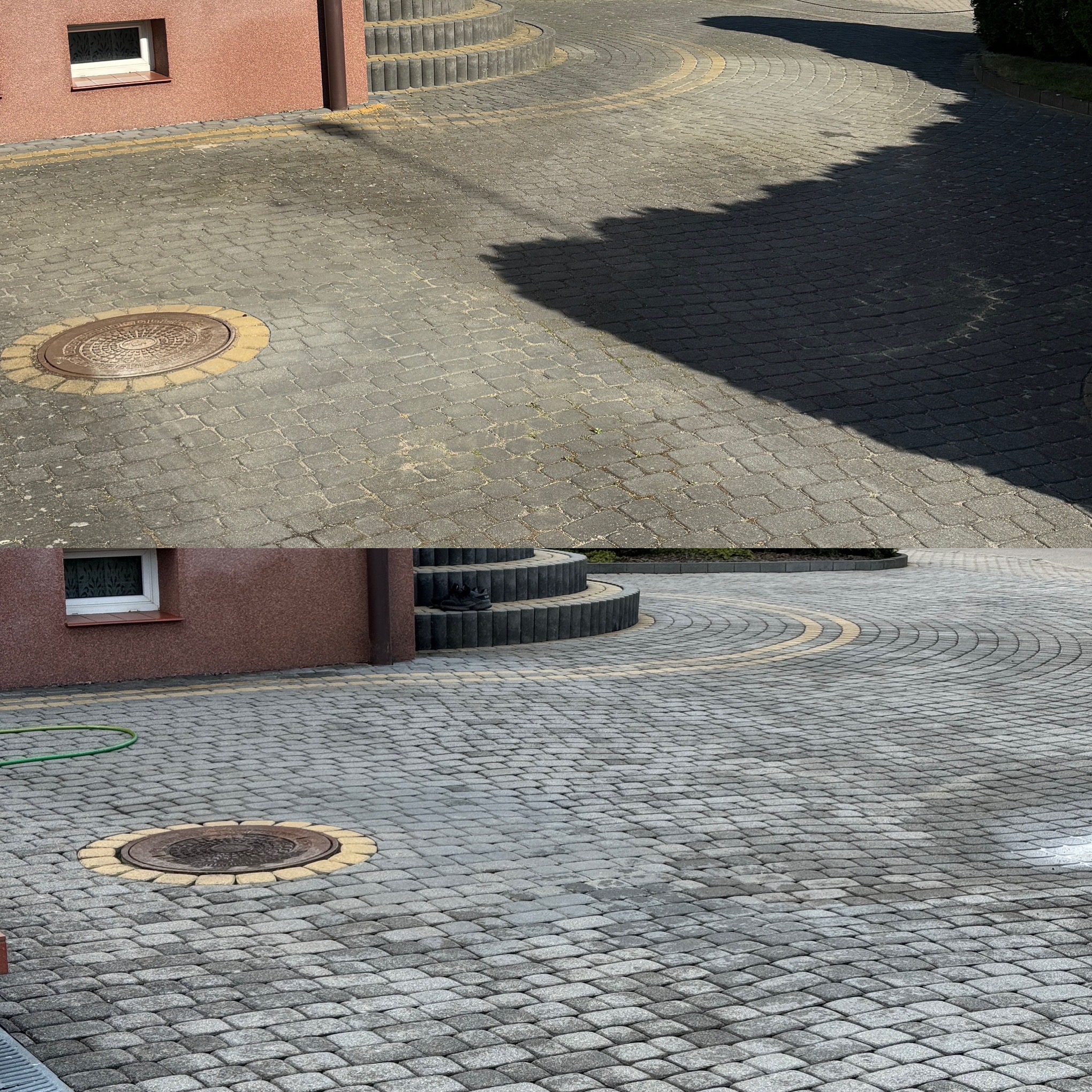 Szara kostka brukowa ułożona w łuki, z widocznym włazem kanalizacyjnym otoczonym żółtą kostką i fragmentem elewacji budynku w tle.