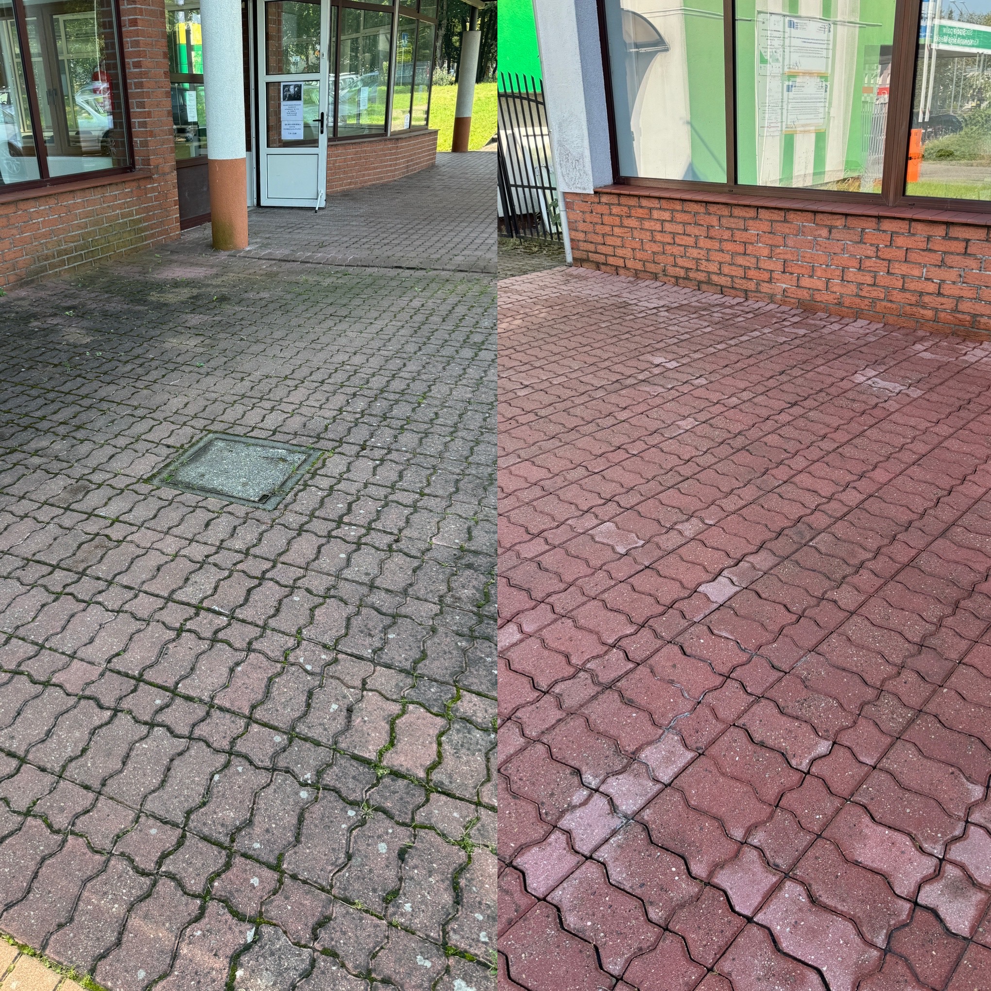 Częściowo wyczyszczona czerwona kostka brukowa przed budynkiem, widoczna różnica między brudną i czystą powierzchnią.