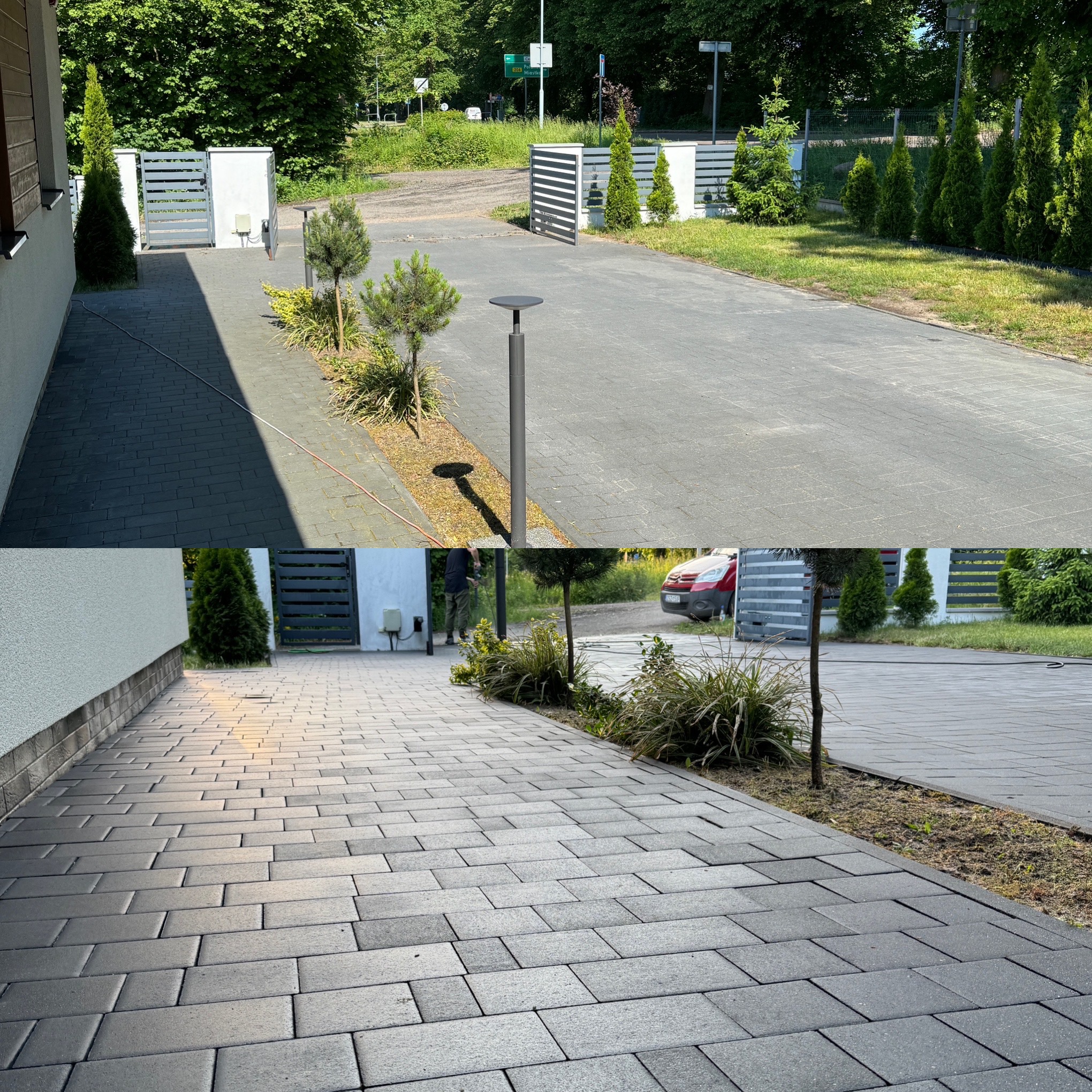 Porównanie stanu kostki brukowej przed i po czyszczeniu, widoczne różnice w kolorze i czystości, otoczenie z roślinnością i elementami architektury ogrodowej.