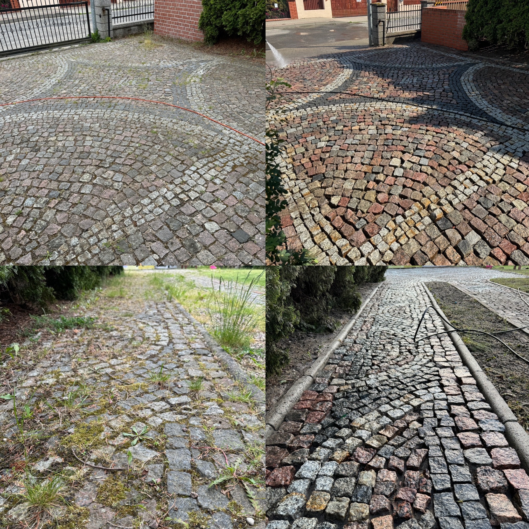 Mozaika zdjęć przedstawiająca kostkę brukową przed i po czyszczeniu, z widoczną różnicą w kolorze i usunięciu zabrudzeń, z elementami zieleni w tle.
