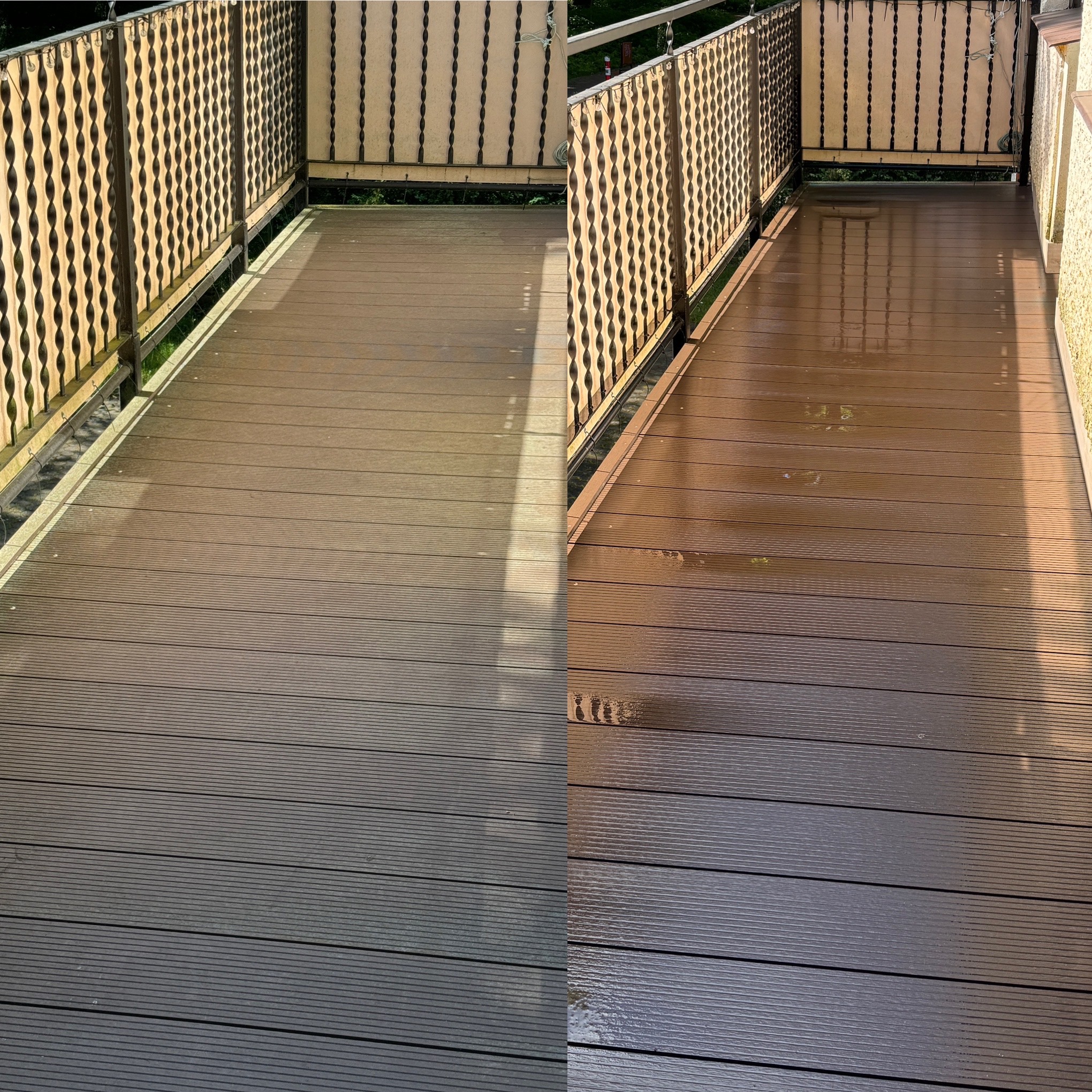 Porównanie połowy czystej i połowy brudnej drewnianej podłogi balkonu w Szczecinku, z ozdobną balustradą w tle.