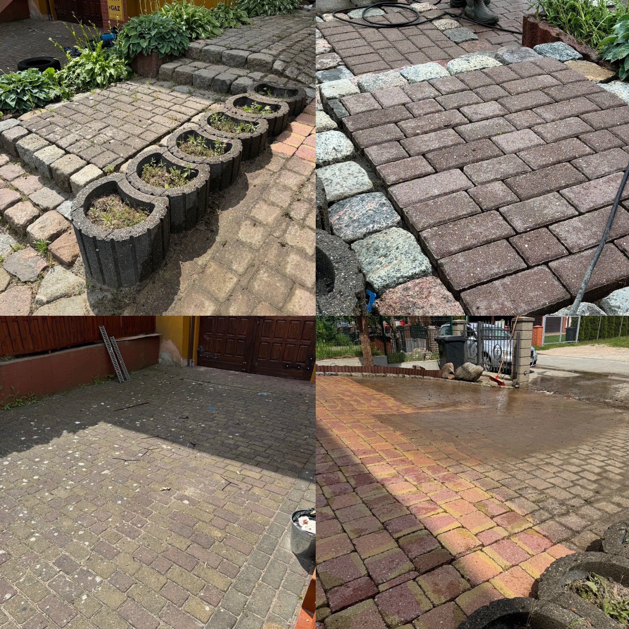 Porównanie kostki brukowej przed i po czyszczeniu, widoczne różnice w kolorze i usunięte zabrudzenia, z elementami dekoracyjnymi w postaci betonowych donic.