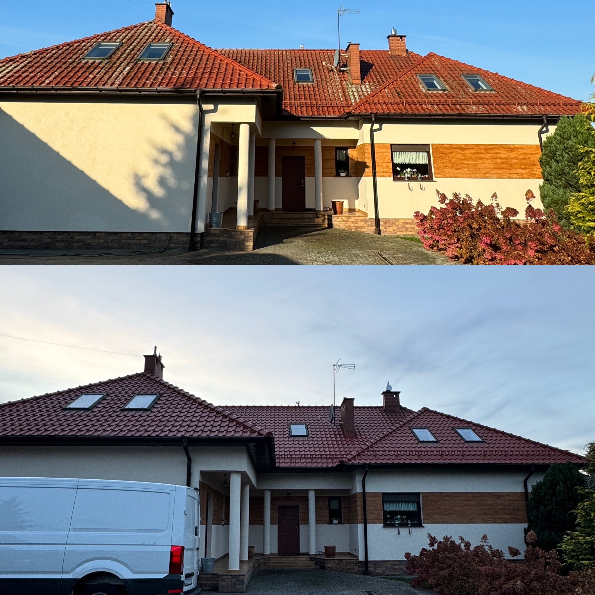 Dom jednorodzinny z czerwoną dachówką i białymi ścianami, podzielony na dwie części zdjęcia: górna z jasnym, słonecznym oświetleniem, dolna z pochmurnym niebem i białym samochodem dostawczym...