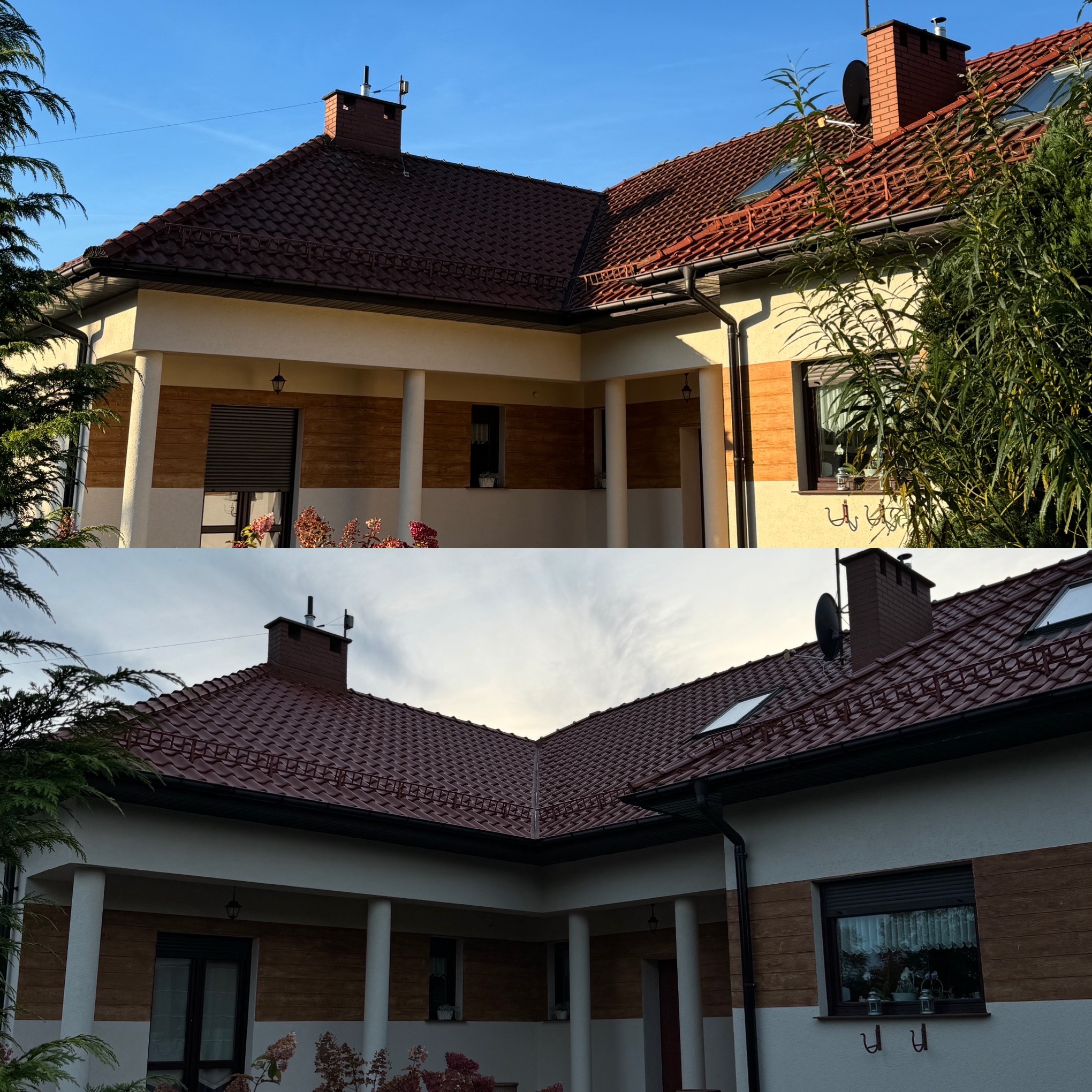 Dwuczęściowe ujęcie domu z czerwonym dachem, pokazujące detale konstrukcji, w tym komin, okna dachowe i elementy elewacji, z uwzględnieniem perspektywy i oświetlenia.