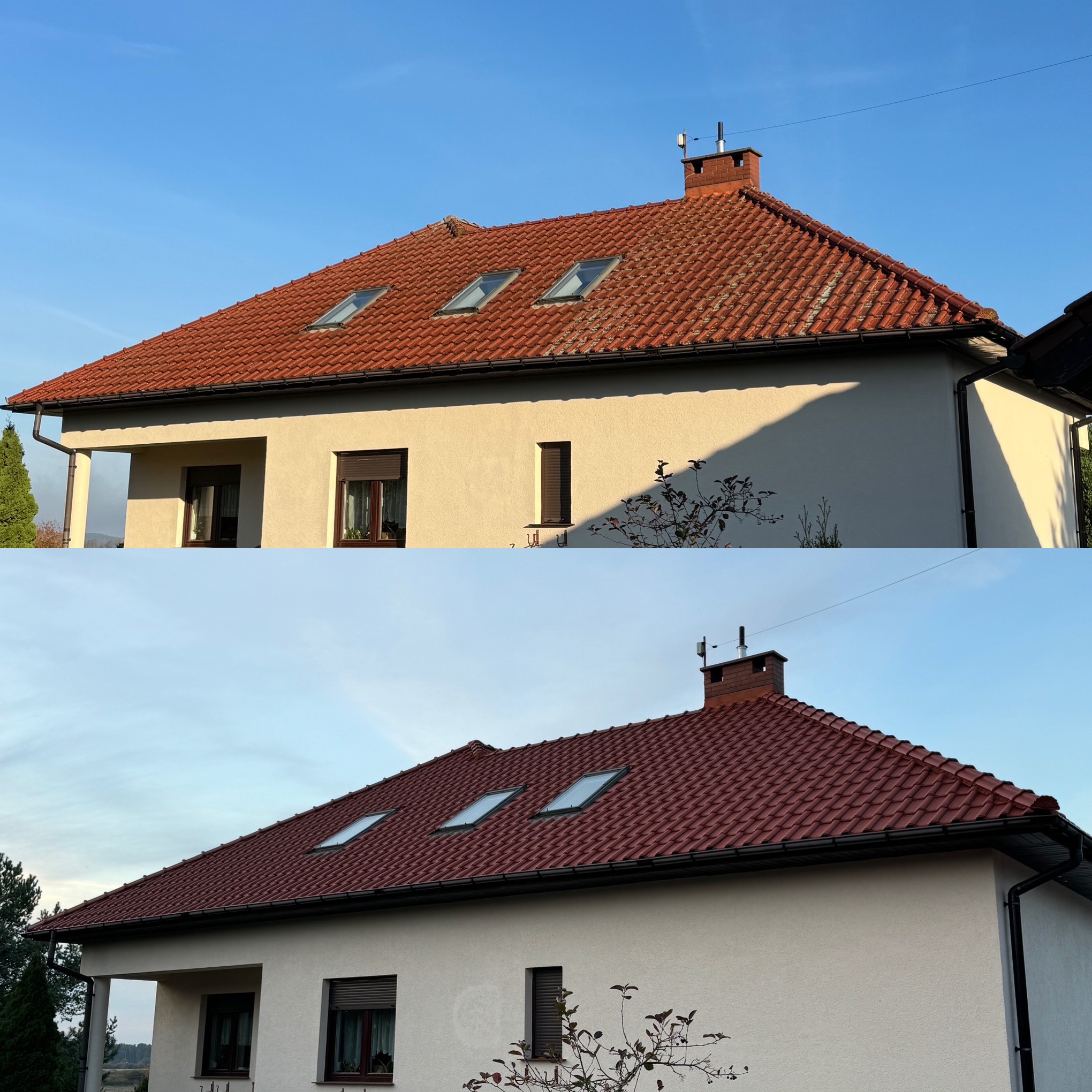 Zdjęcie porównawcze dachu przed i po czyszczeniu, ukazujące różnicę w kolorze i usunięcie zabrudzeń, z trzema oknami dachowymi i kominem.