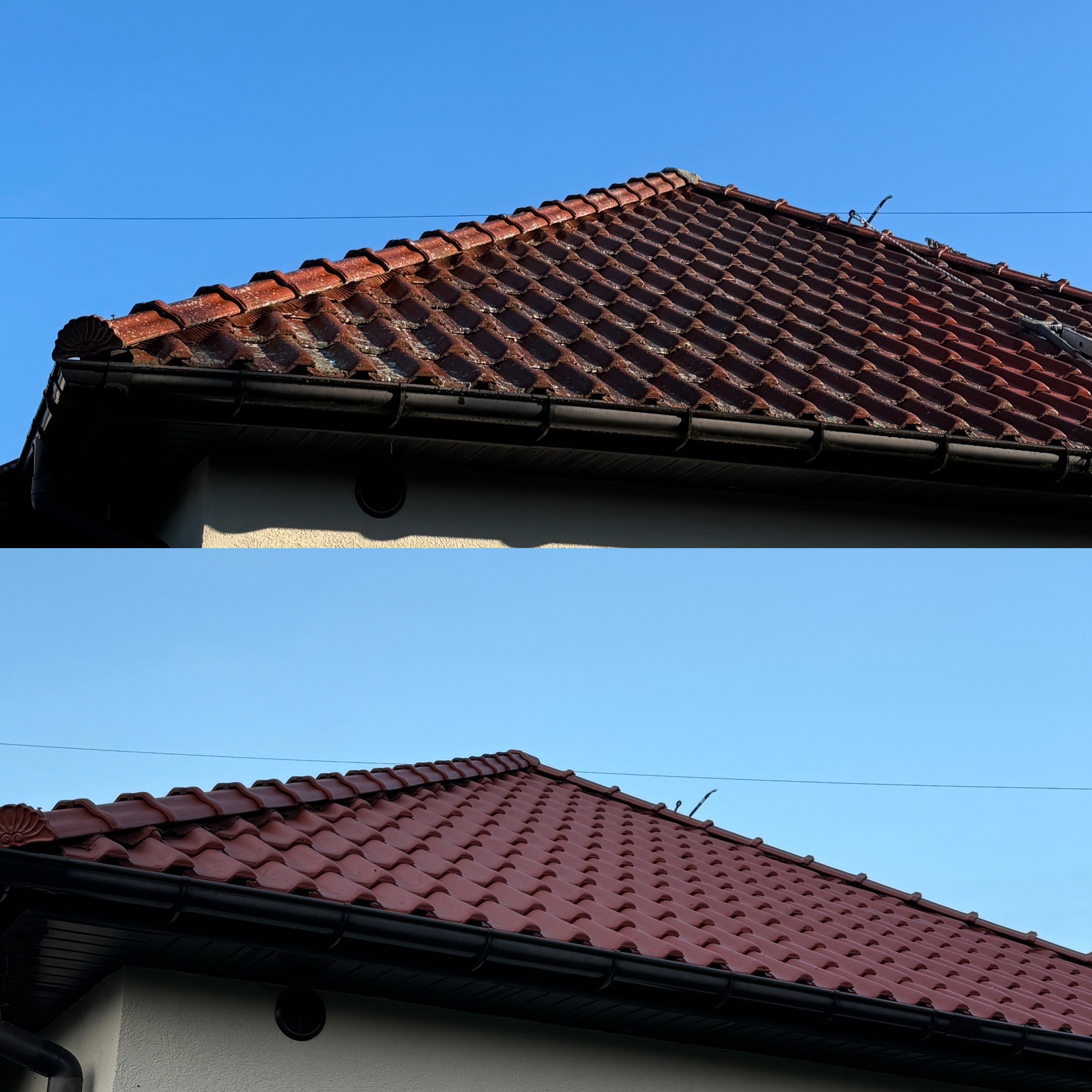Czerwona dachówka ceramiczna z czarnym systemem rynnowym, widoczna z dołu na tle błękitnego nieba. Na górnym zdjęciu widoczne ślady zabrudzeń na dachówce, na dolnym dachówka czysta.