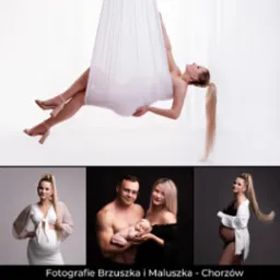 Kolaż zdjęć: u góry kobieta w ciąży w białym hamaku do aerial jogi, poniżej zdjęcia kobiety w ciąży w sukience, pary z noworodkiem i kobiety w ciąży w koszuli. Na dole napis 'Fotografie Brzuszka...
