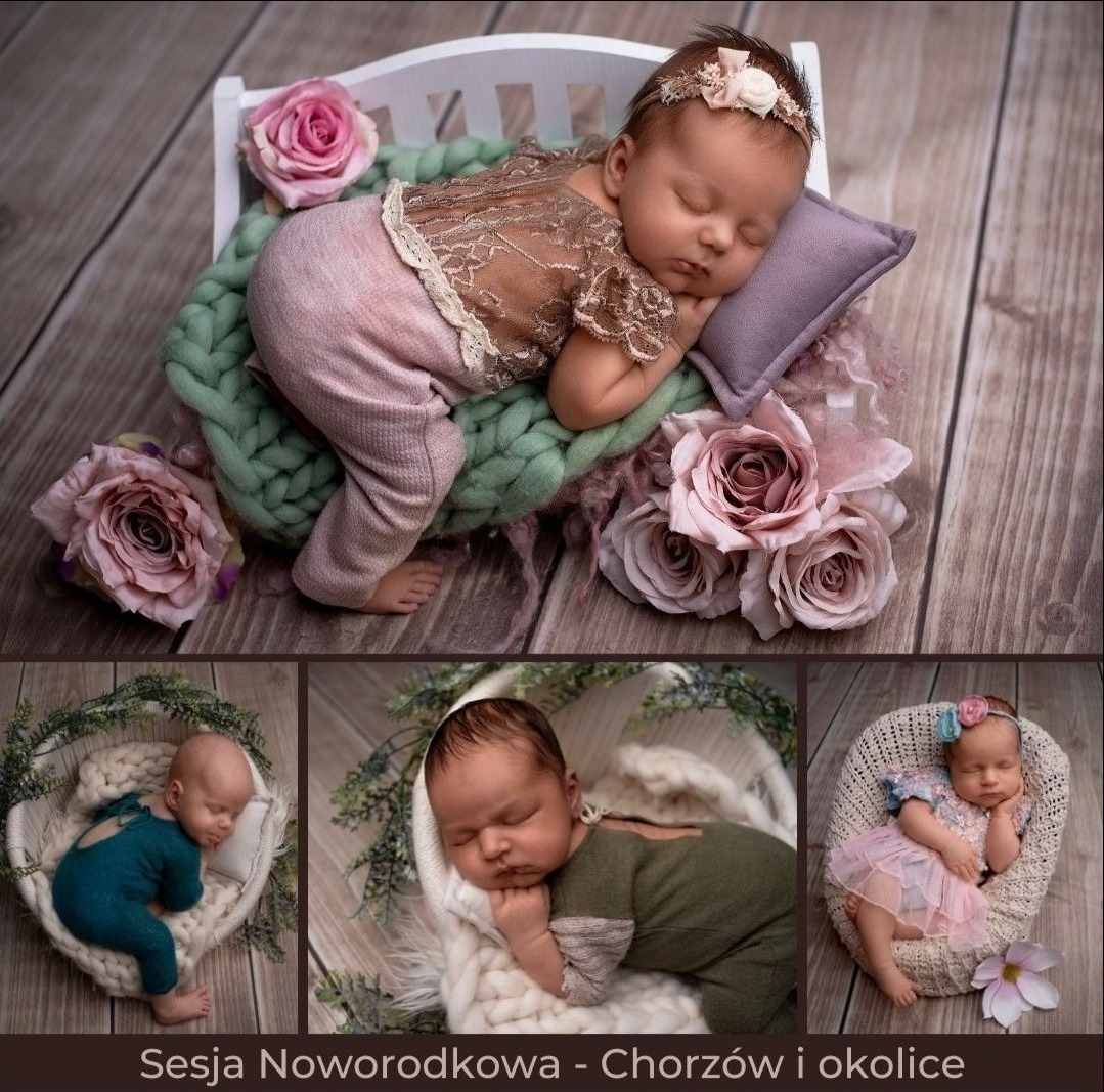 Kolaż zdjęć noworodka śpiącego w różnych stylizacjach: w łóżeczku na plecionym kocyku z różami, w koszyku z zielonym ubranku, w koszyku w oliwkowym ubranku i w foteliku w różowej sukience.