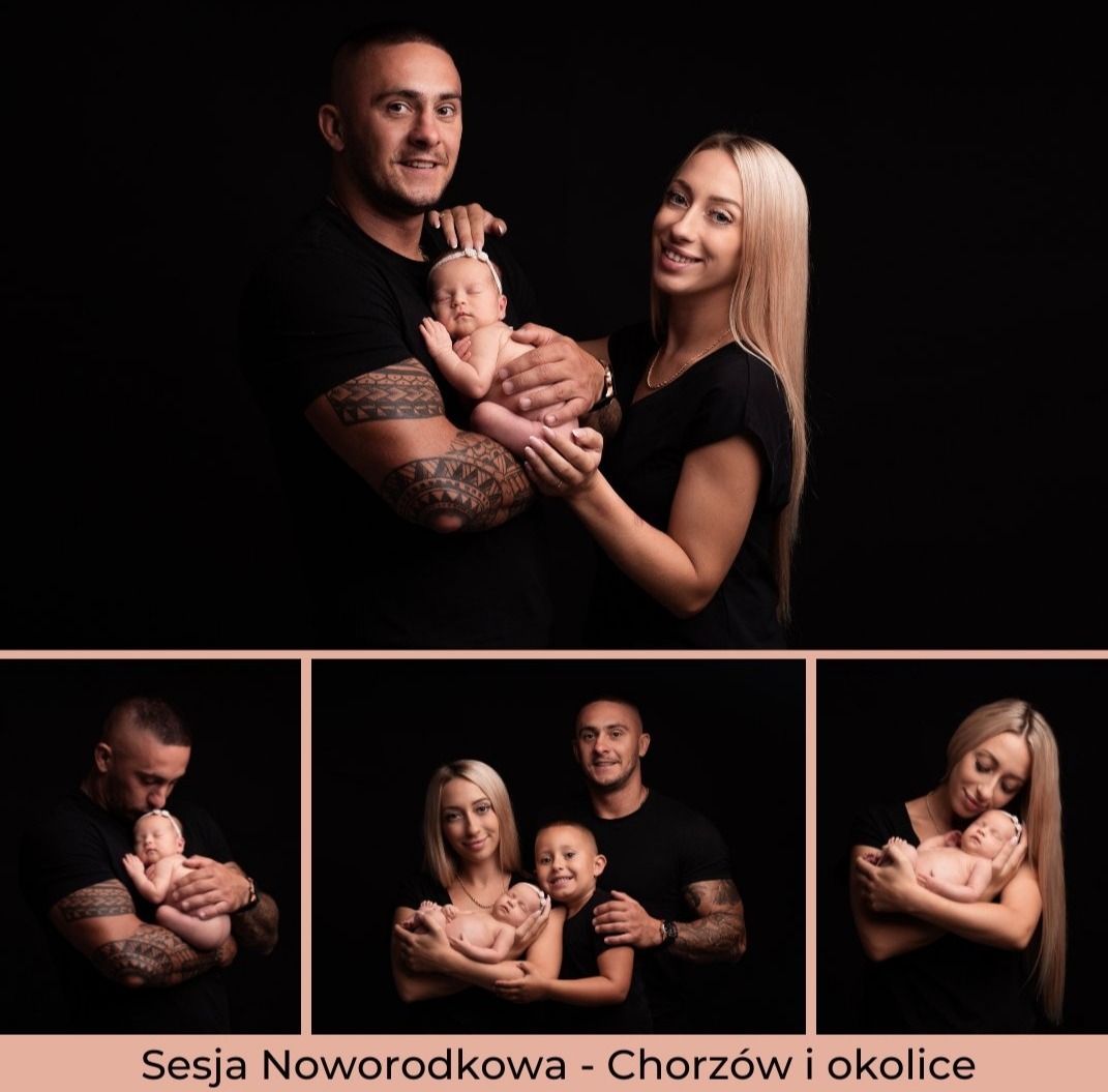 Rodzinne portrety: rodzice trzymający noworodka na czarnym tle, z tatuażami na ramionach ojca i blond włosami matki, w kolażu z innymi ujęciami.