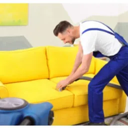 Mężczyzna w niebieskim kombinezonie czyści żółtą kanapę za pomocą niebieskiego odkurzacza piorącego. W tle widoczny obraz z abstrakcyjnym motywem.