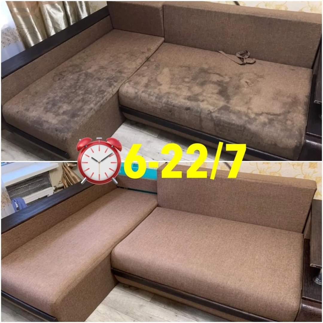 Brązowa narożna kanapa przed i po czyszczeniu, widoczne wyraźne różnice w czystości tapicerki.