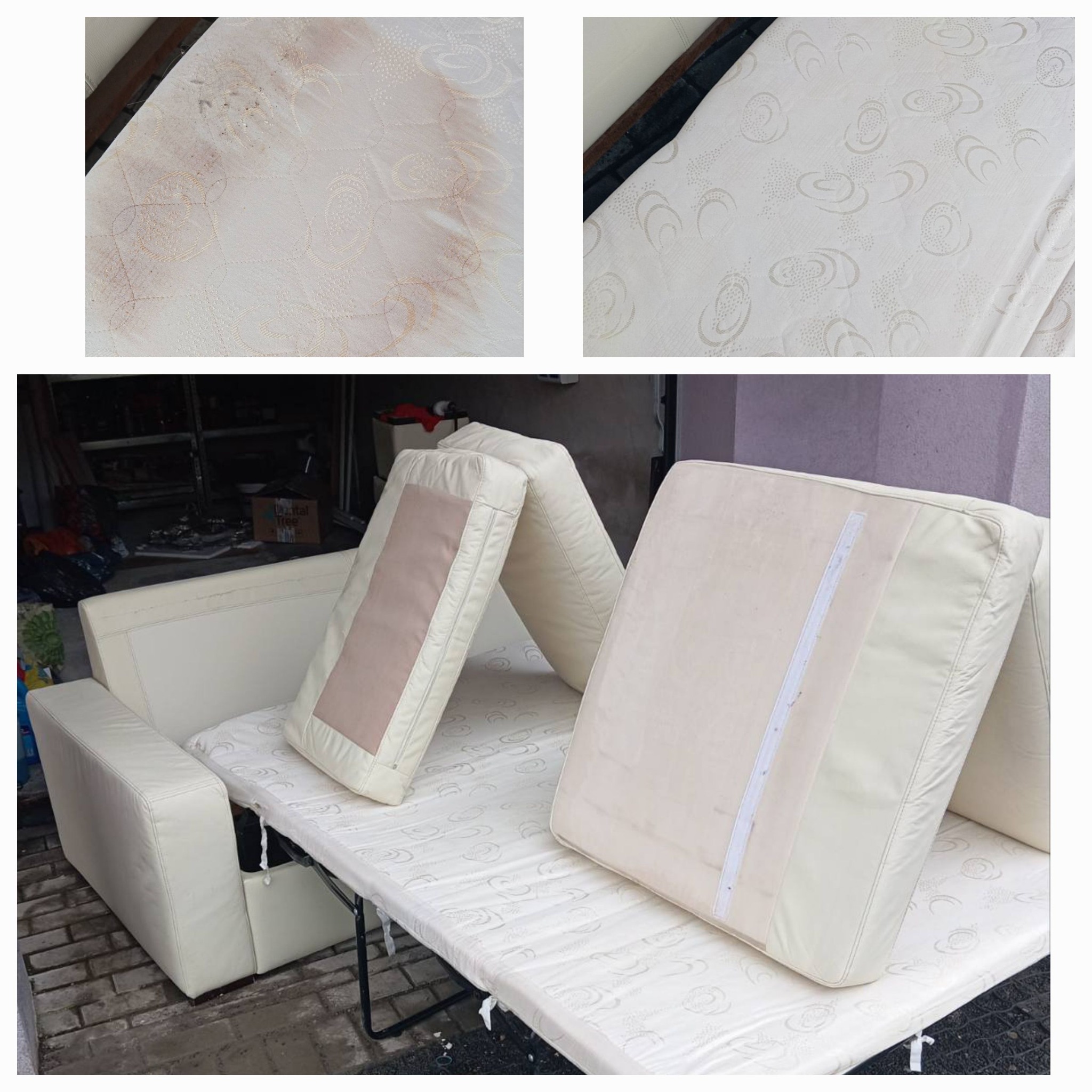 Rozłożona kanapa z funkcją spania, widoczne ślady użytkowania na materacu i poduszkach przed czyszczeniem, tło z elementami garażu.