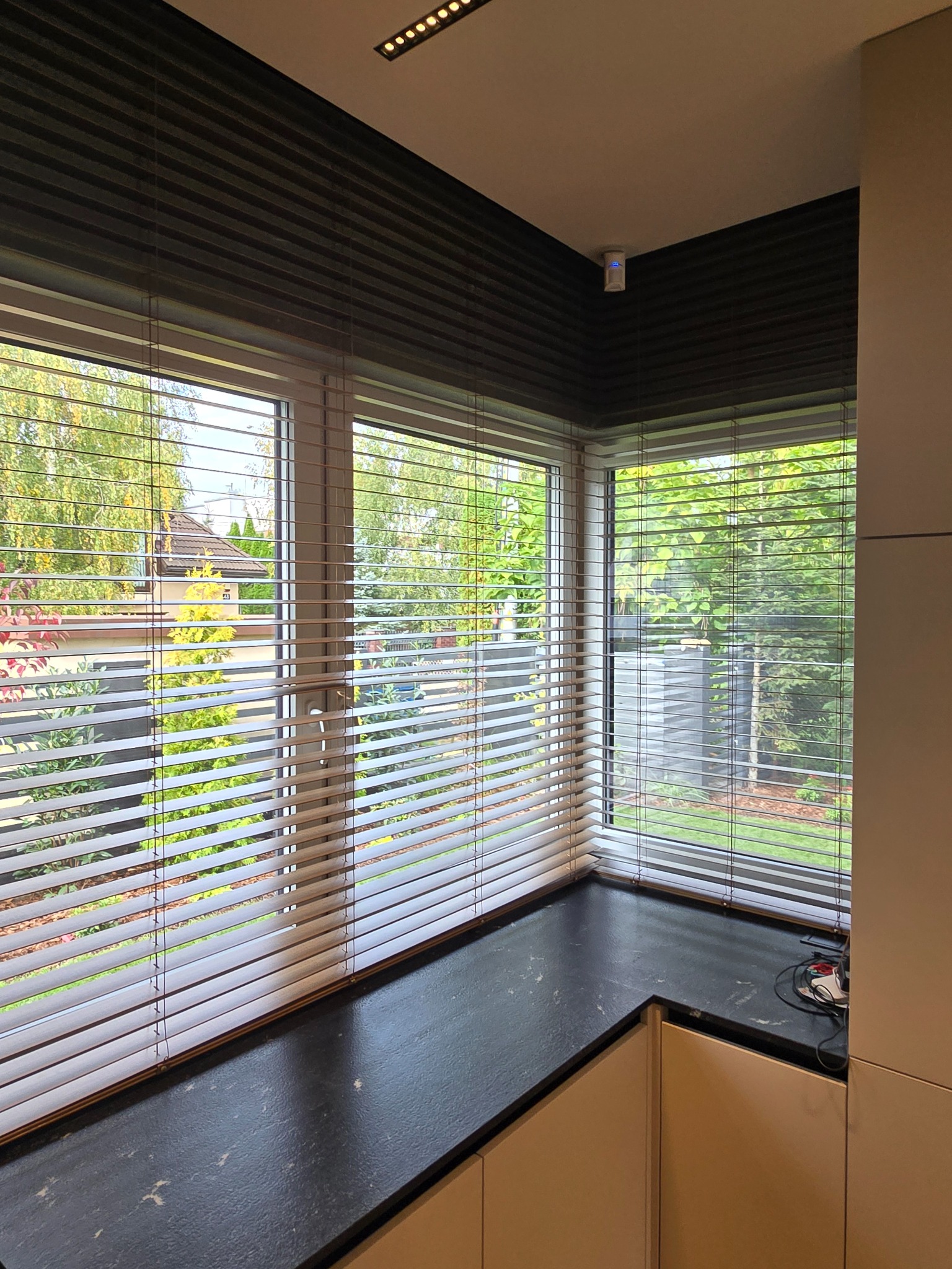 Wnętrze pokoju z widokiem na zieleń przez okno z poziomymi żaluzjami w kolorze jasnego drewna, czarny blat pod oknem i fragment zabudowy kuchennej.