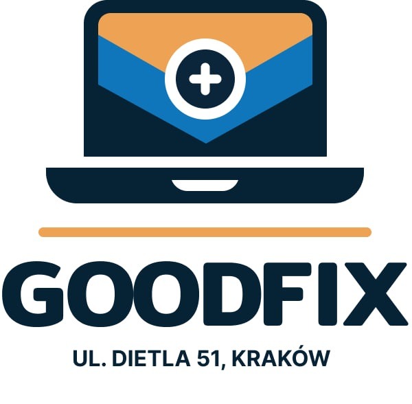 Logo firmy Goodfix z adresem Ul. Dietla 51, Kraków, przedstawiające stylizowany laptop z symbolem plusa w okręgu na ekranie.