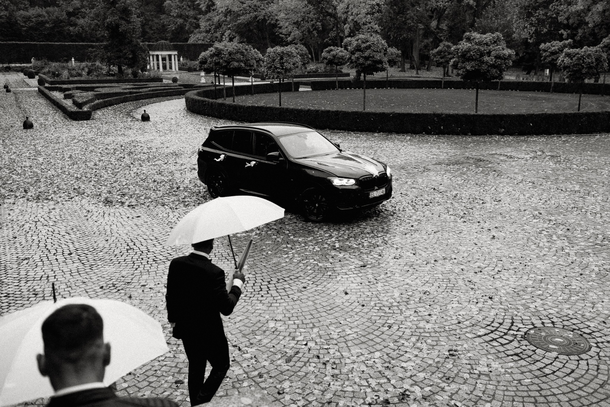 Czarno-białe zdjęcie z góry: para z parasolami idzie po brukowanej drodze w kierunku czarnego BMW w parku. W tle altana i drzewa.