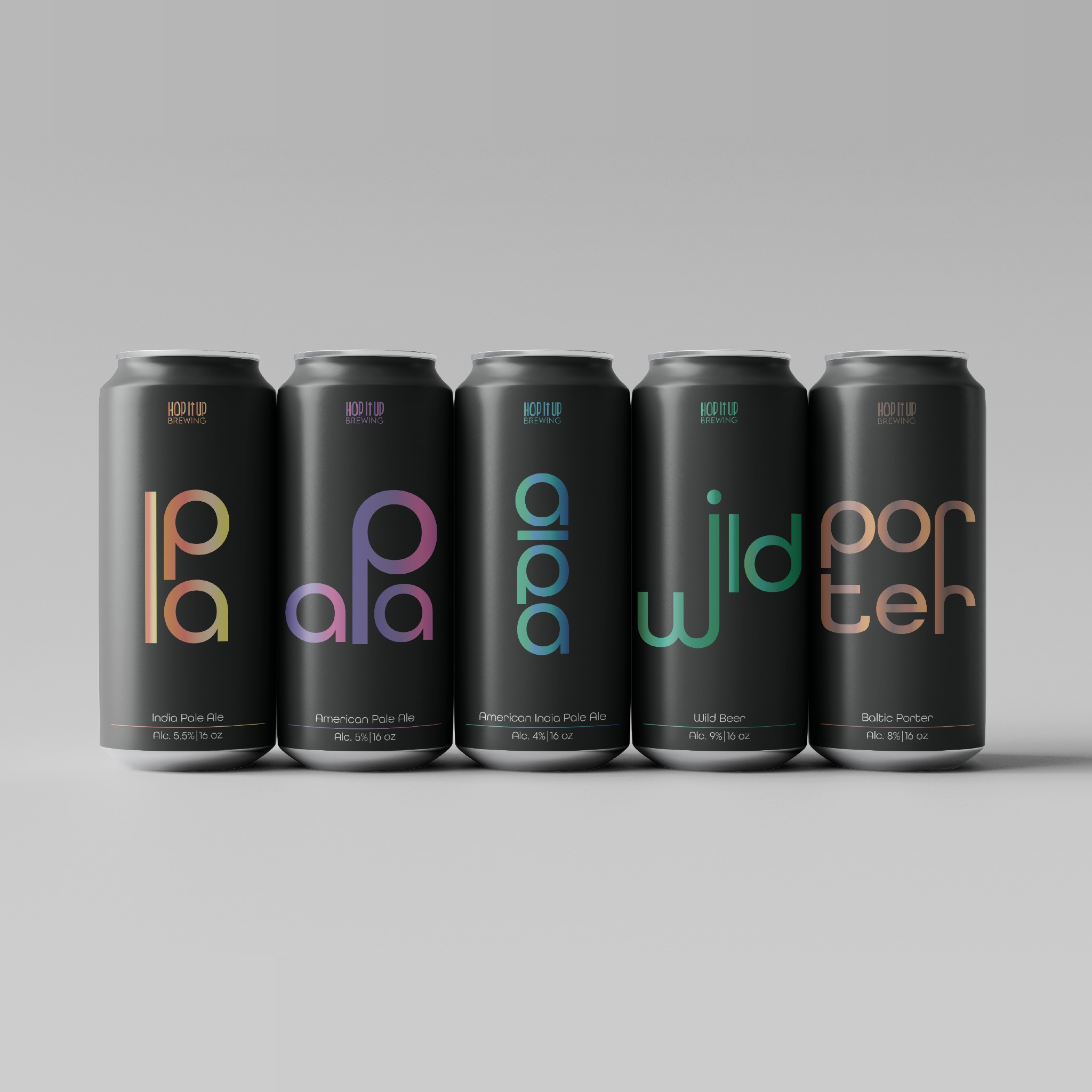 Pięć czarnych puszek piwa rzemieślniczego z gradientowymi napisami: India Pale Ale, American Pale Ale, American India Pale Ale, Wild Beer i Baltic Porter, ustawione w rzędzie na jasnoszarym tle.