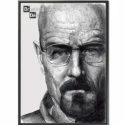 Szkic ołówkiem portretu Waltera White'a z serialu Breaking Bad w czarnej ramce, z widocznymi elementami układu okresowego pierwiastków.