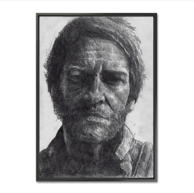 Portret mężczyzny wykonany techniką rysunku ołówkiem, oprawiony w czarną ramę, widoczne kreski i cieniowanie tworzące realistyczny wygląd twarzy.