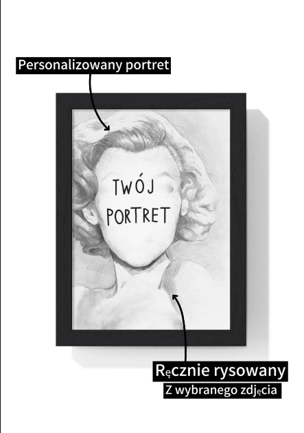 Ręcznie rysowany portret kobiety w czarnej ramce, bez wyraźnych rysów twarzy, z napisem 'TWÓJ PORTRET' na miejscu twarzy, wykonany ołówkiem na białym tle.