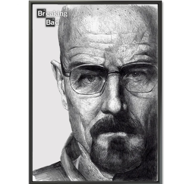 Szkic ołówkiem portretu Waltera White'a z serialu Breaking Bad w czarnej ramce, z widocznymi elementami układu okresowego pierwiastków.