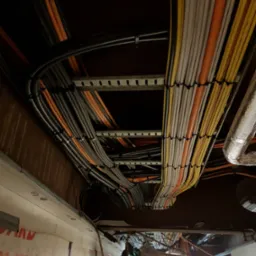 Różnokolorowe przewody ułożone w korytkach pod sufitem, zabezpieczone opaskami zaciskowymi, widoczne elementy konstrukcji sufitu i oświetlenie robocze.