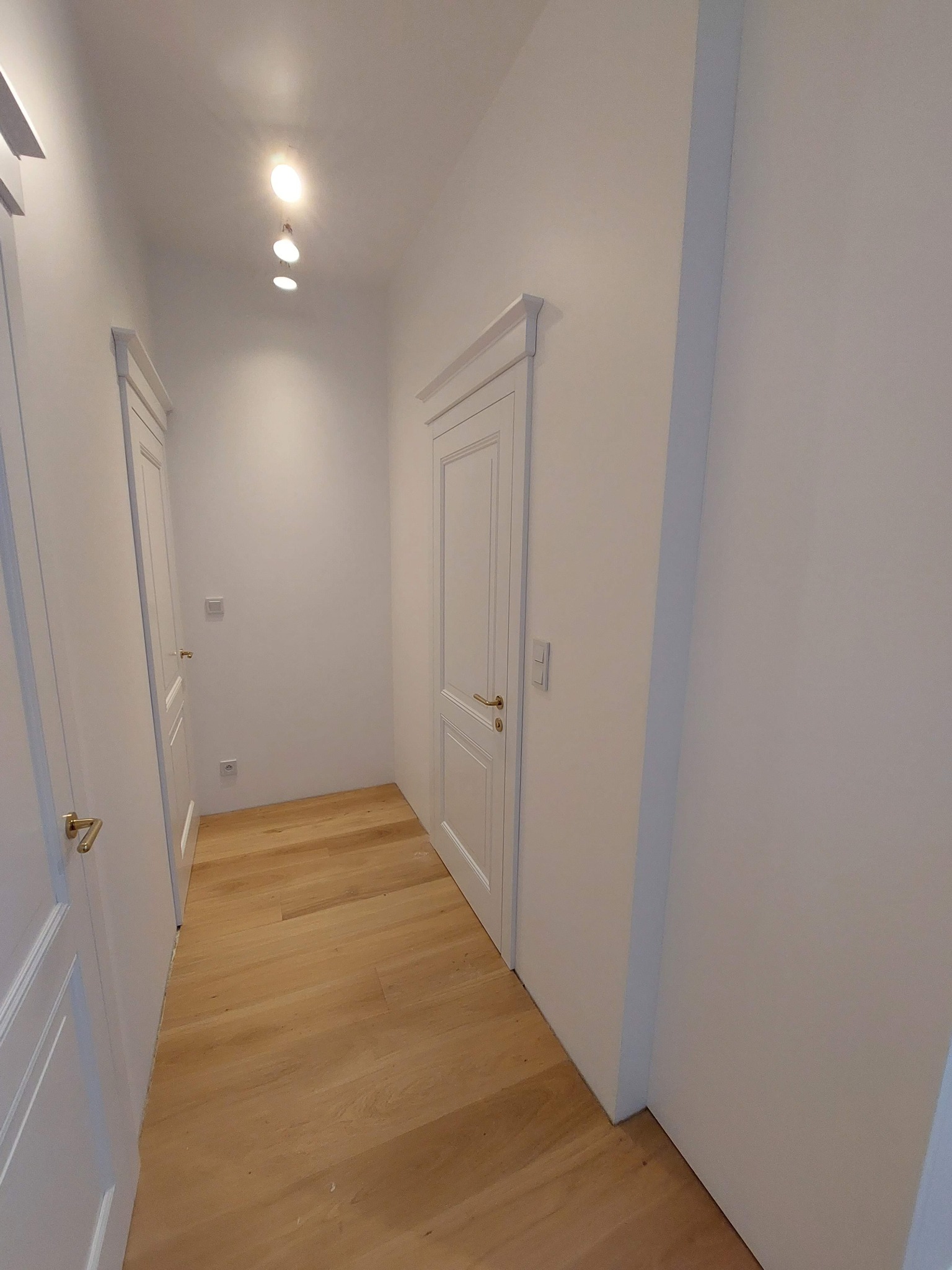 Korytarz z dwiema białymi, klasycznymi drzwiami z ozdobnymi ramami i złotymi klamkami. Na podłodze jasne panele. Oświetlenie sufitowe punktowe.