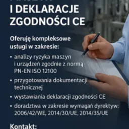 Analiza ryzyka maszyn i deklaracje zgodności CE: oferta usług z zakresu analiz, dokumentacji technicznej i doradztwa. Widoczna dłoń z długopisem nad dokumentem.