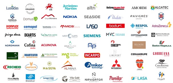 Kolekcja różnorodnych logotypów firm, w tym logotypy z nazwami firm i symbolami graficznymi, ułożone w siatkę na białym tle, reprezentujące różne branże i marki.