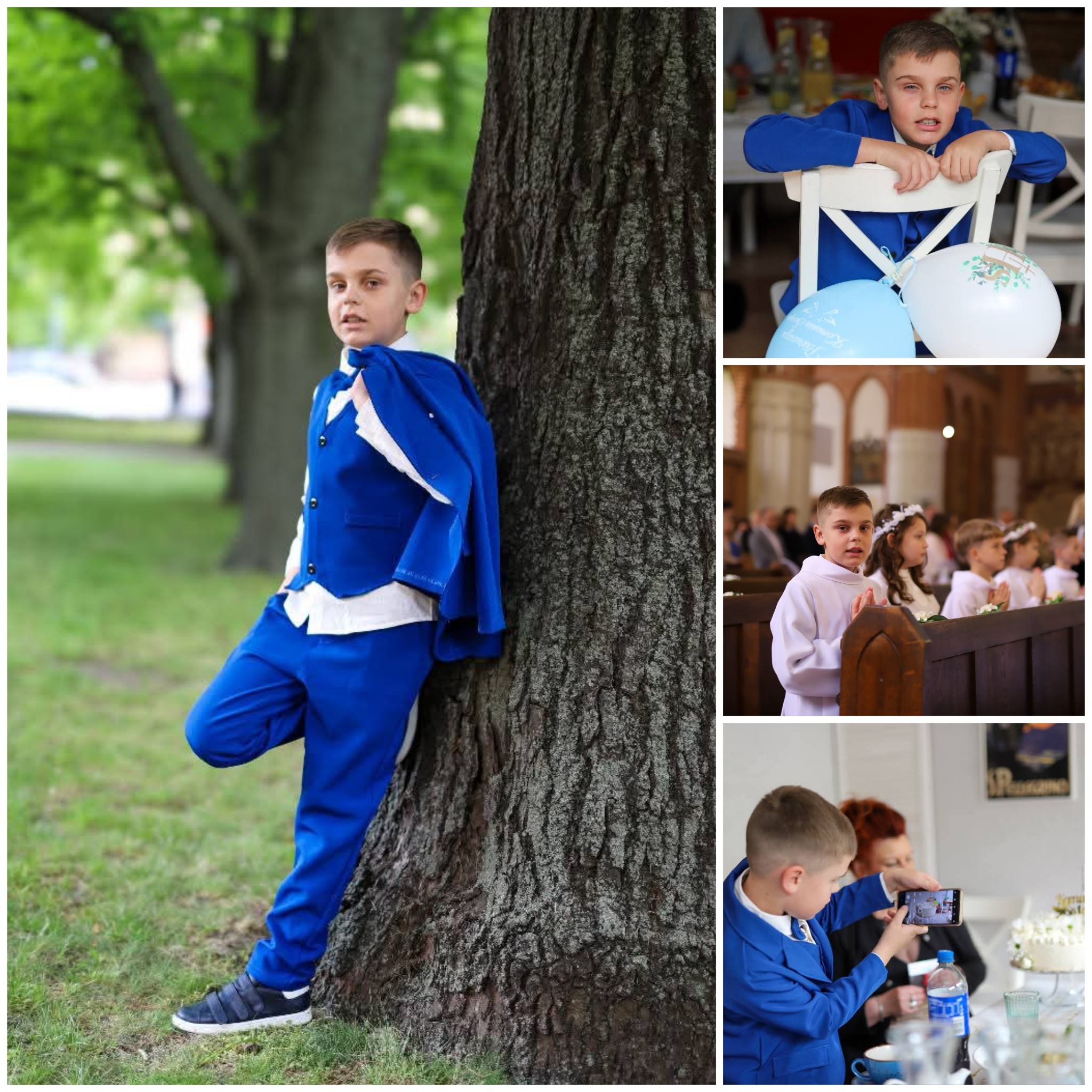 Kolaż zdjęć z Pierwszej Komunii Świętej chłopca w niebieskim garniturze, wykonanych w kościele i plenerze w Warszawie. Ujęcia z uroczystości i przyjęcia.