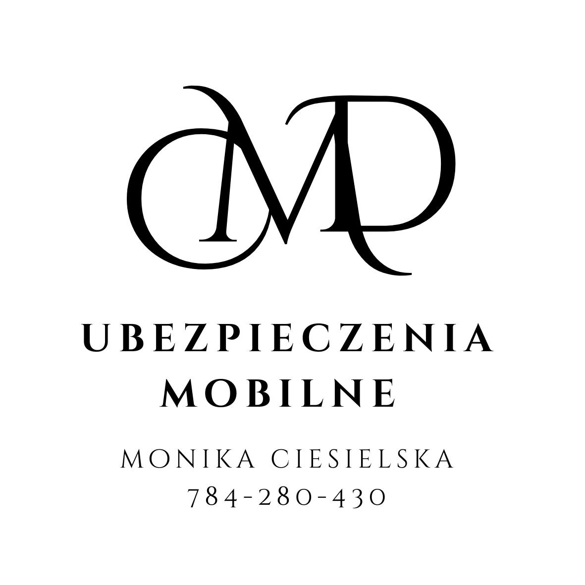 Eleganckie logo firmy ubezpieczeniowej z inicjałami 'MP', napisem 'Ubezpieczenia Mobilne' i danymi kontaktowymi Moniki Ciesielskiej.