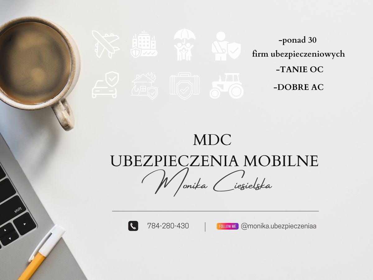 Kreatywne ujęcie biurka z logo MDC Ubezpieczenia Mobilne, filiżanką kawy, laptopem i ikonami ubezpieczeń (OC, AC, turystyczne). Kontakt telefoniczny i social media.