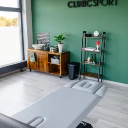 Jasne wnętrze gabinetu z szarą leżanką, drewnianą komodą z umywalką i półkami, zielona ściana z logo Clinic Sport.