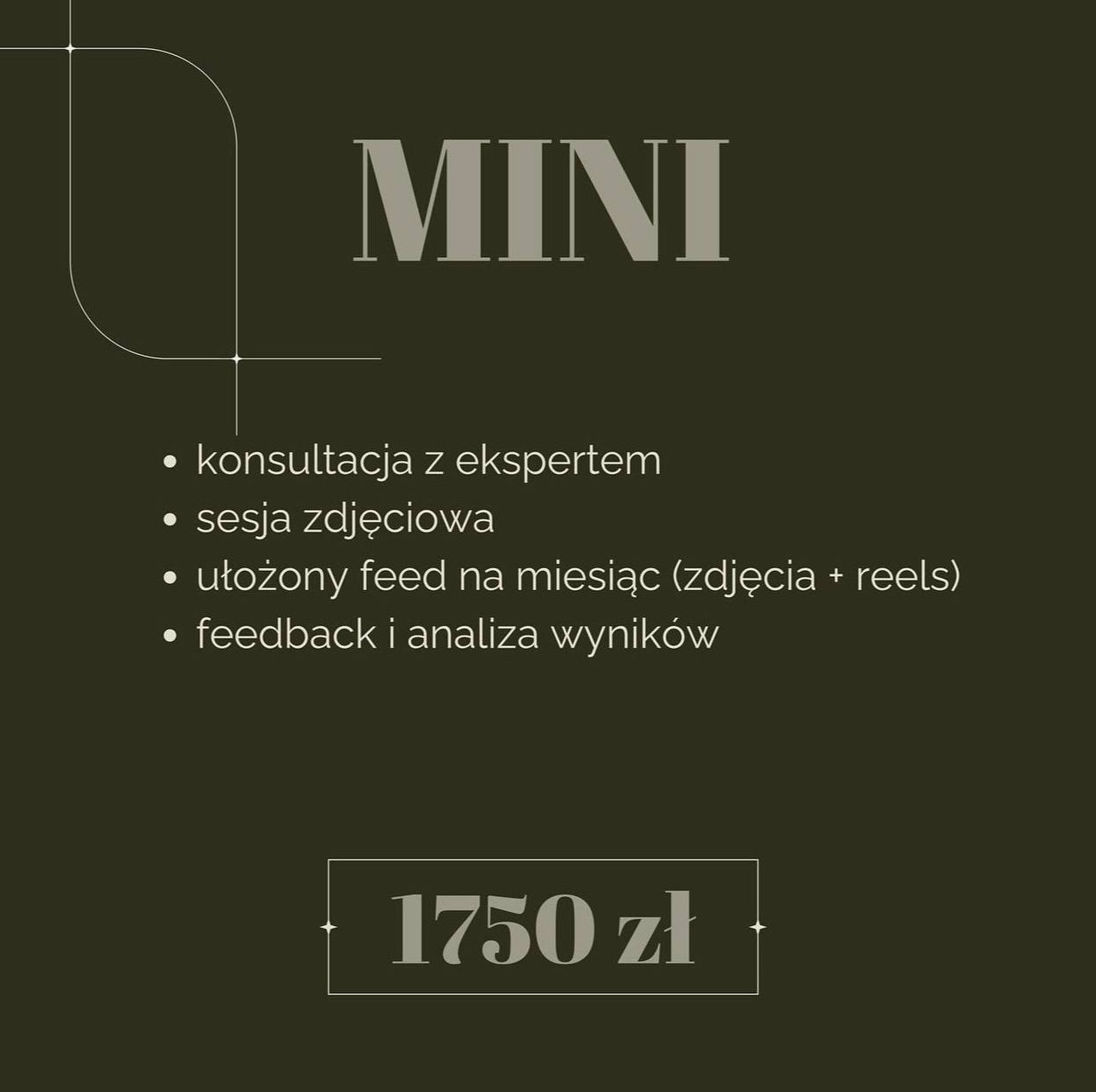 Grafika reklamowa pakietu usług 'MINI' obejmującego konsultacje eksperckie, sesję zdjęciową, ułożenie feedu na miesiąc (zdjęcia i reels) oraz analizę wyników, cena 1750 zł.