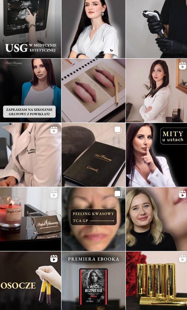 Mozaika zdjęć z Instagrama gabinetu medycyny estetycznej, prezentująca zabiegi USG, peelingi kwasowe, osocze, szkolenia, kosmetyki i publikacje.