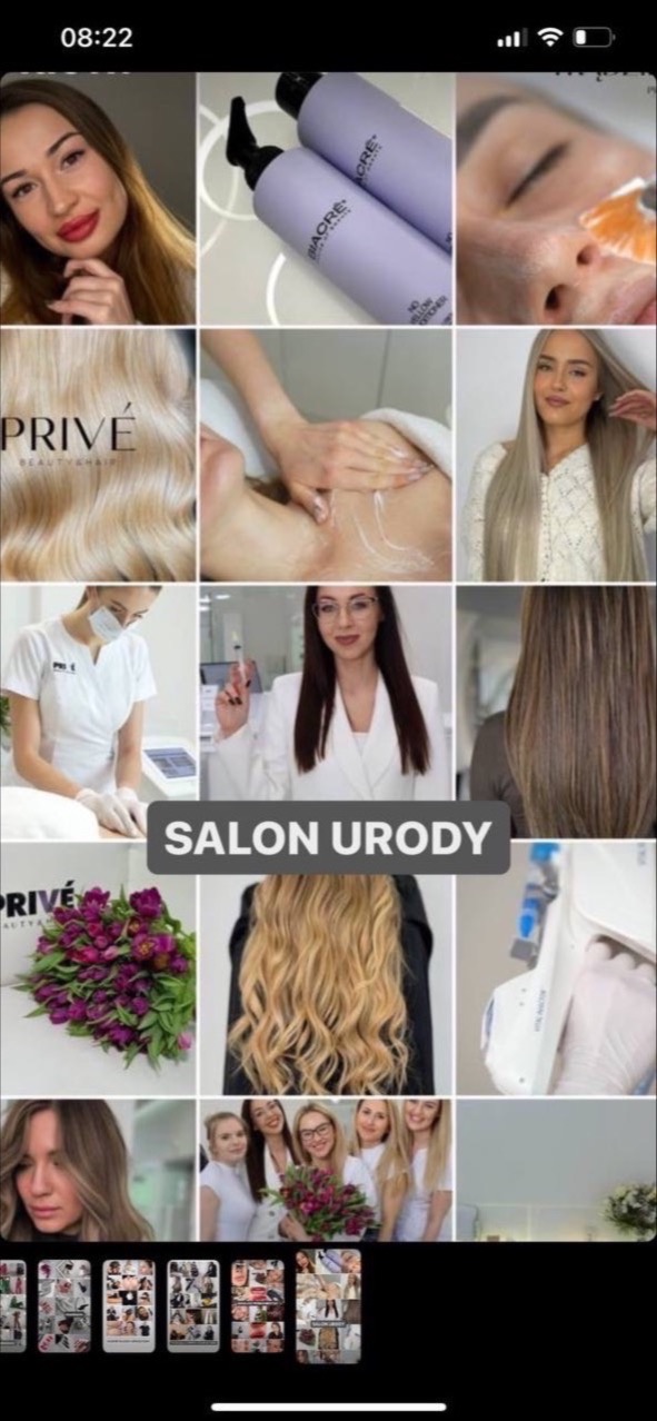 Mozaika zdjęć prezentująca usługi salonu urody: zabiegi na twarz, włosy blond i brąz, masaż, kosmetyki, bukiety kwiatów i zespół salonu.