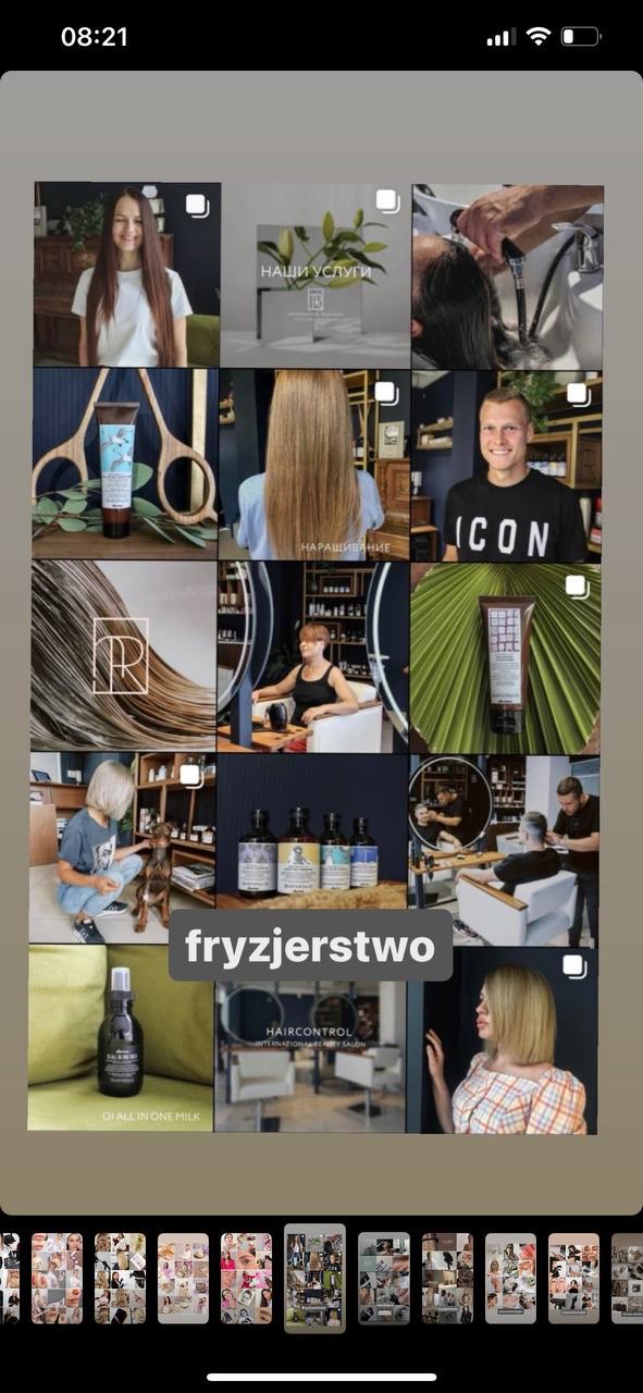 Mozaika zdjęć z Instagrama salonu fryzjerskiego prezentująca strzyżenia, koloryzacje, produkty do pielęgnacji włosów i wnętrze salonu.