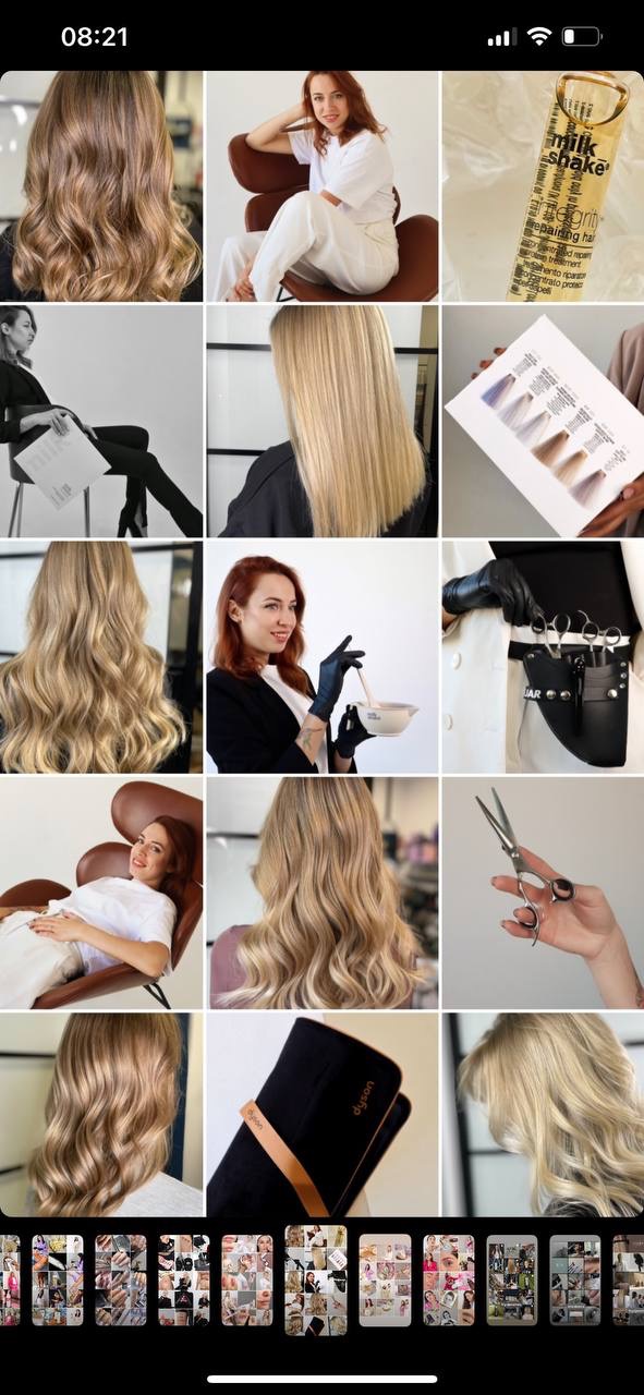 Kolaż zdjęć prezentujący różne fryzury, koloryzacje i narzędzia fryzjerskie, w tym blond fale, proste włosy, stylistkę z miseczką farby, nożyczki fryzjerskie i paletę kolorów.