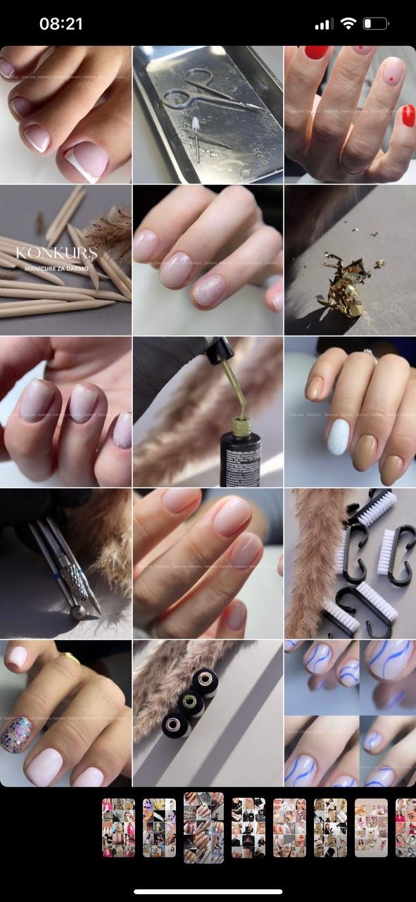 Kompilacja zdjęć manicure i pedicure, prezentująca różne style i etapy zabiegów, od klasycznego french po zdobienia z brokatem i minimalistyczne wzory.