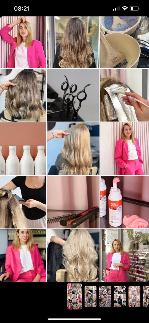 Kolaż zdjęć z salonu fryzjerskiego w Gdańsku, prezentujący metamorfozy włosów, narzędzia pracy, kosmetyki i uśmiechniętą fryzjerkę w różowym kostiumie.