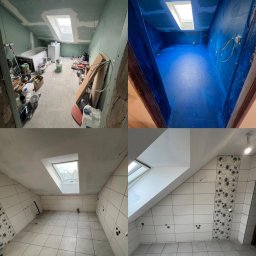 Michał Mazur - Cztery etapy adaptacji poddasza: surowy stan z oknem dachowym i przygotowaniem pod instalacje, gruntowanie na niebiesko, ułożone białe płytki ścienne i podłogowe z dekoracyjnym pasem płytek w kwiaty.